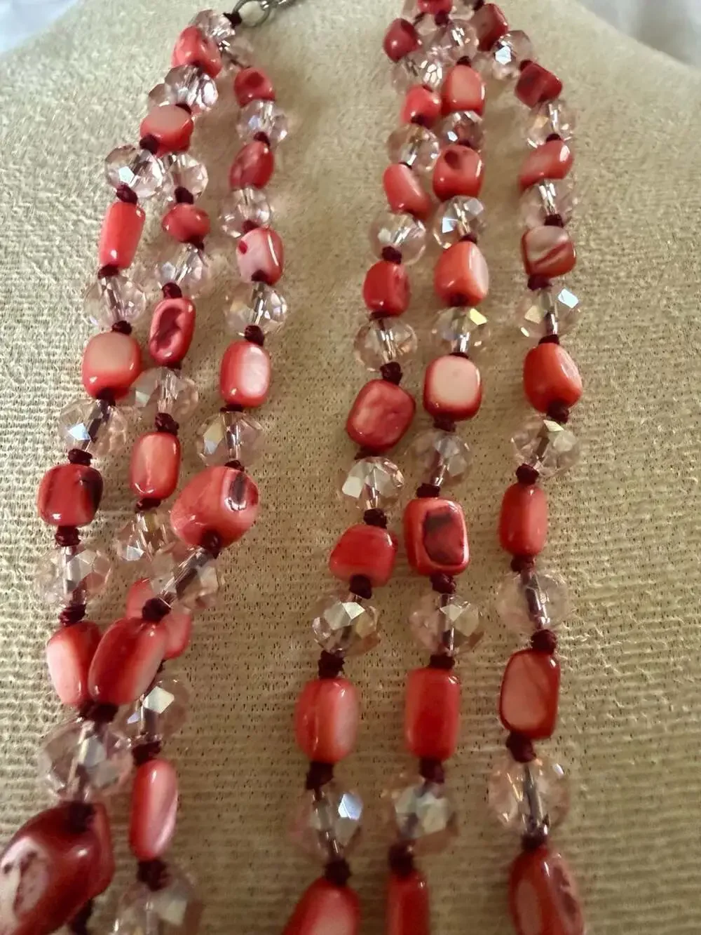 Red Glass Chip & Faceted Crystal-Style Bead Multi-Strand Necklace 17–20” boho